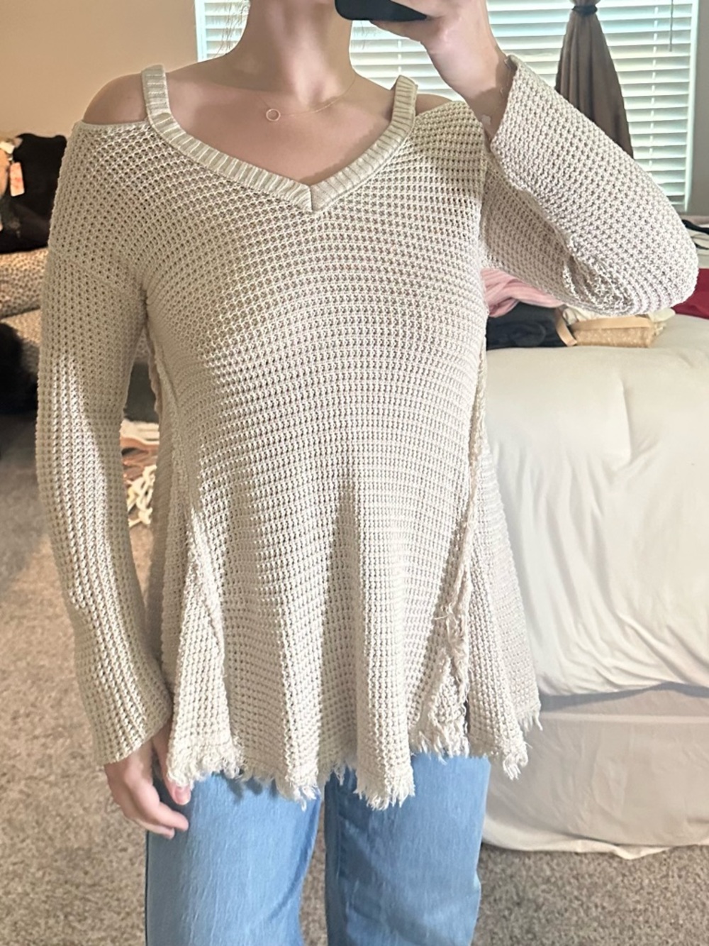 Elan Cream Cold-Shoulder Knit Sweater Top